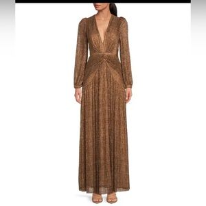 NWT Gianni Bini Hazel Metallic Chiffon V-Neck Long Sleeve Cut Out Dress